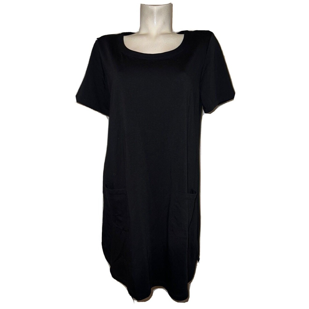 Susan Graver Womens Black Knit Shift Dress Short Sleeve Pockets Size M A352342